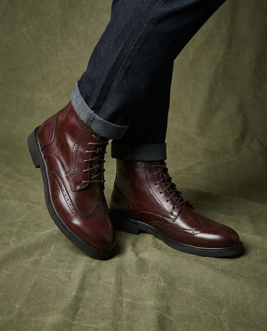 Polished Leather Brogue Boots with Lace-Up Closure