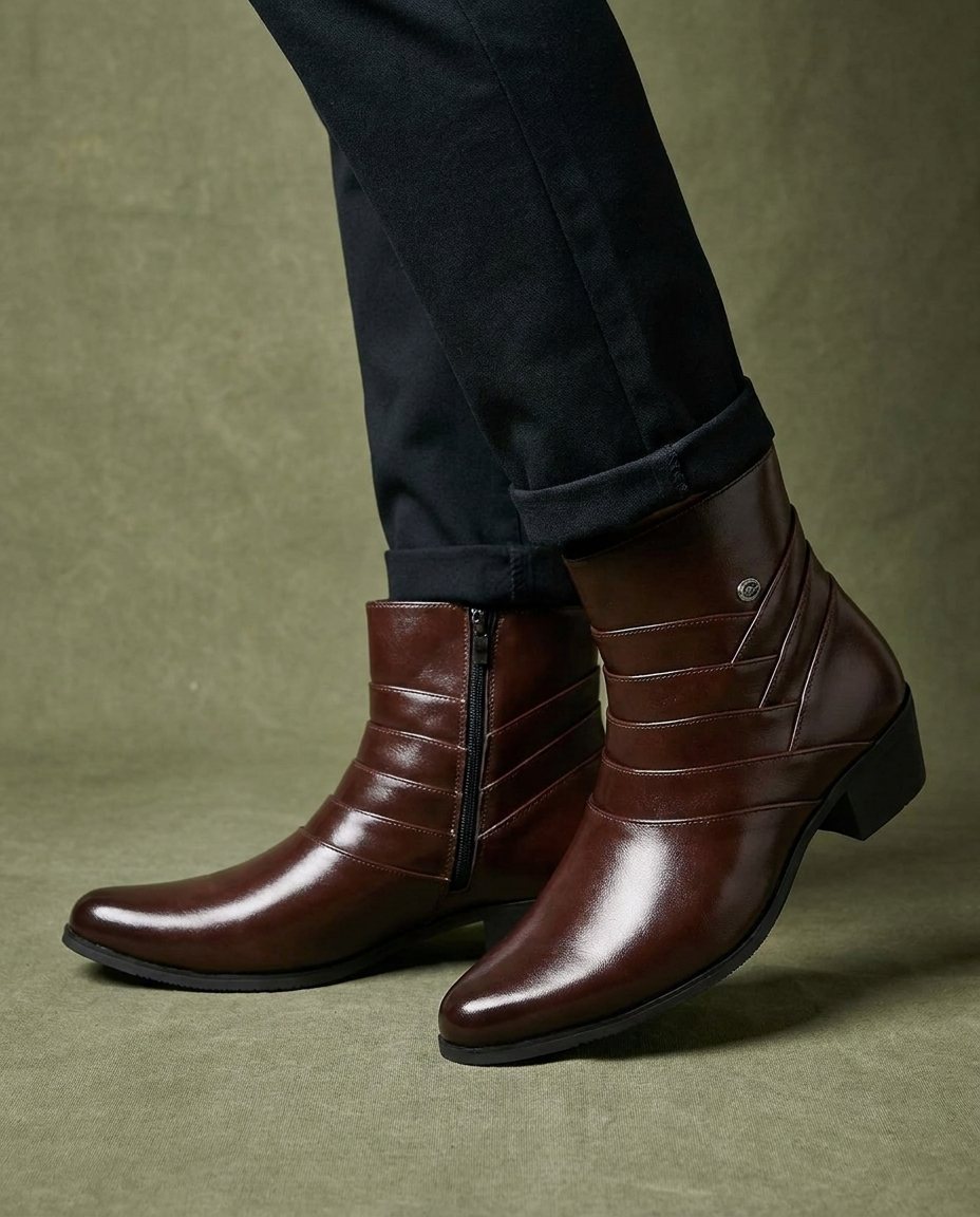 Burnished Leather Ankle Boots with Side Zipper