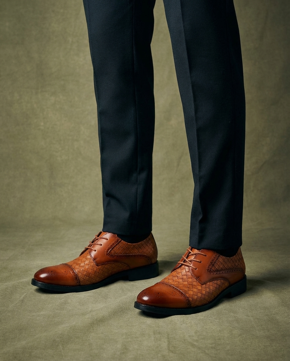 Polished Leather Oxford Shoes with Woven Detail