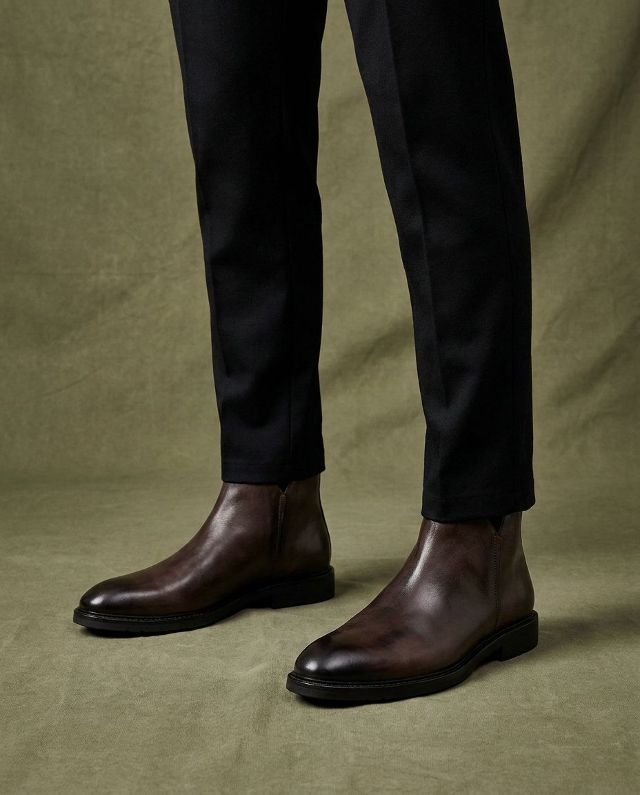 Burnished Leather Boots with Elastic Side Panels