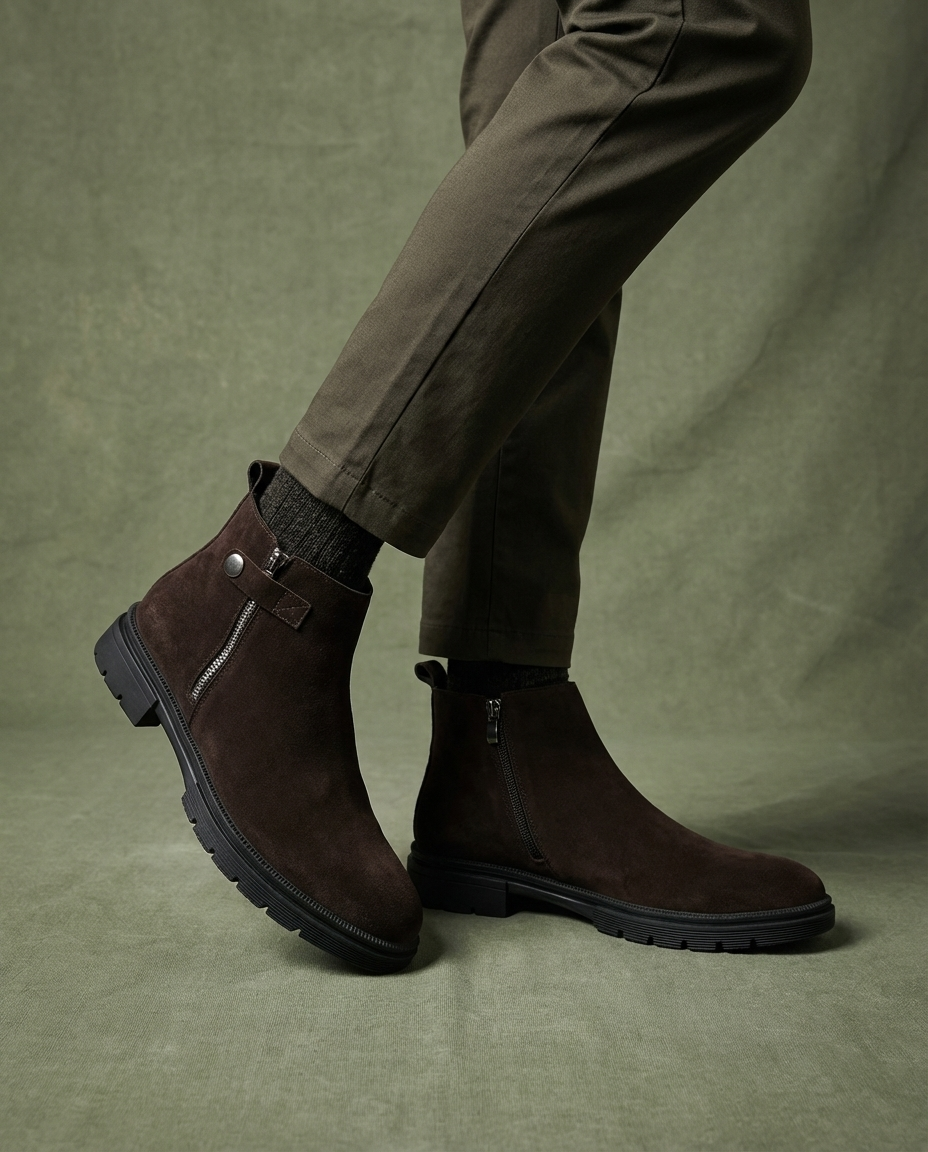 Suede Leather Chelsea Boots with Rubber Sole
