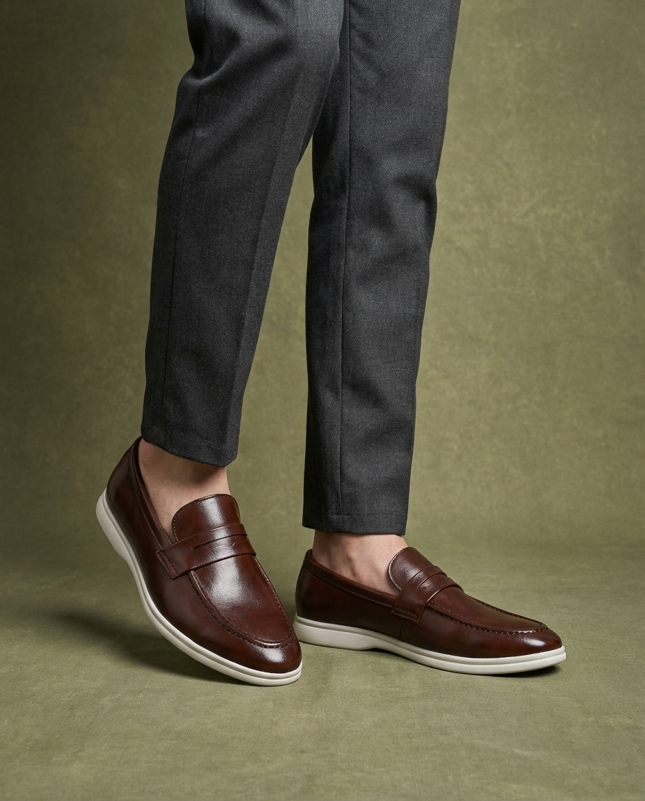 Leather Loafers with Moc-Toe Stitching and Contrast Rubber Sole