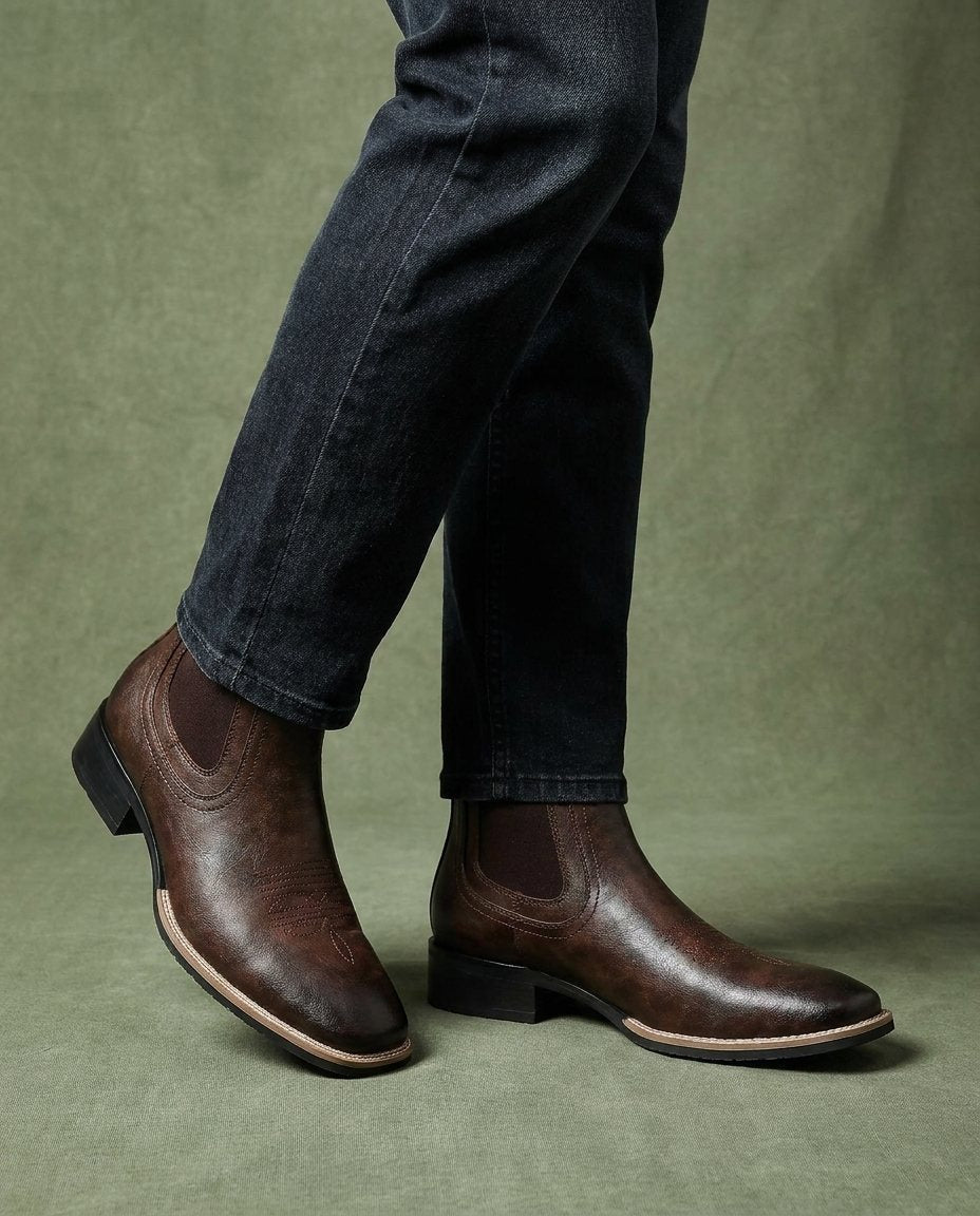 Burnished Leather Chelsea Boots with Elastic Side Panels