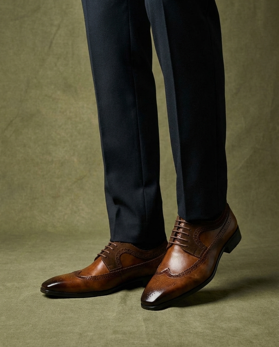 Burnished Leather Brogue Shoes with Wingtip Brogue Detail