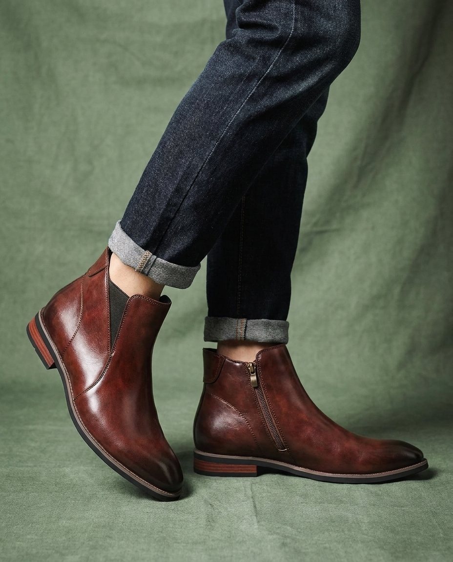 Burnished Leather Chelsea Boots with Almond Toe