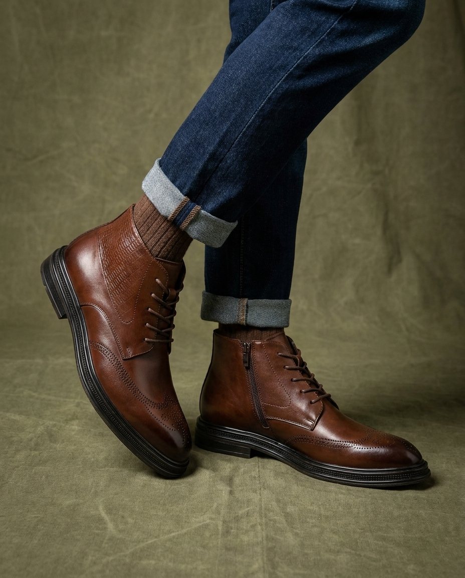 Leather Brogue Boots with Perforated Upper