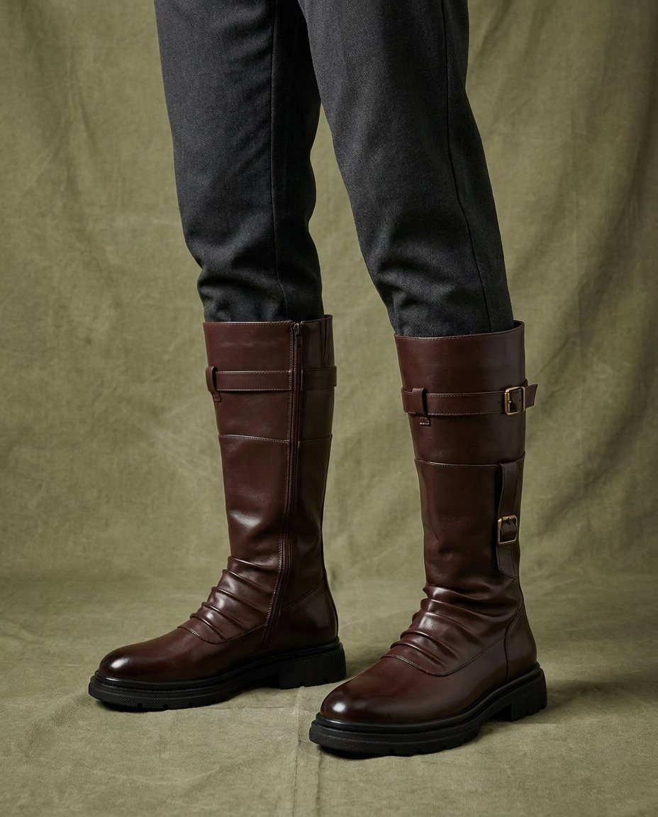 Polished Leather Boots with Lug Sole
