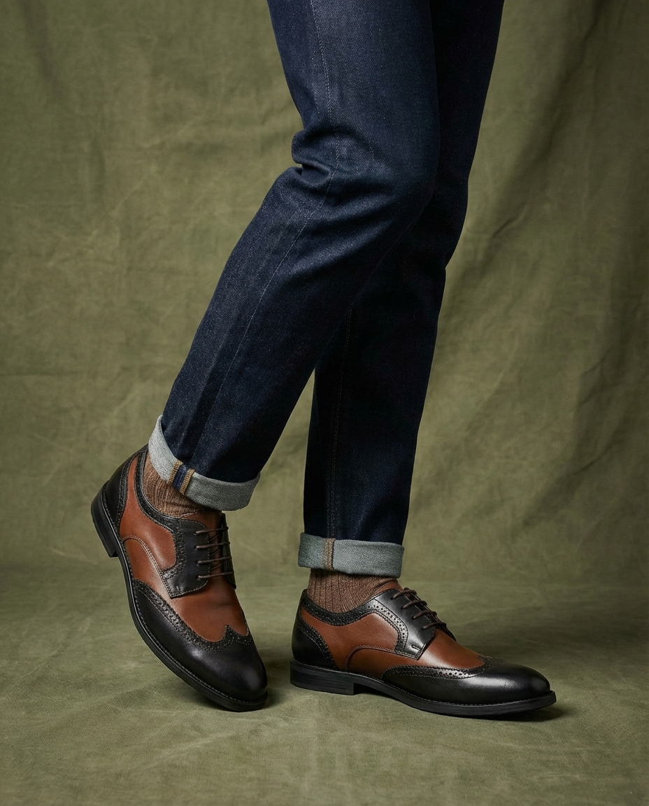 Two-Tone Leather Oxford Shoes with Brogue Detailing