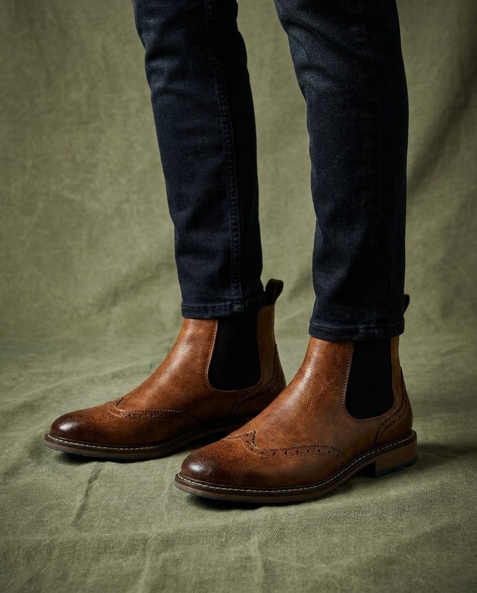 Full-Grain Leather Chelsea Boots with Brogue Detailing