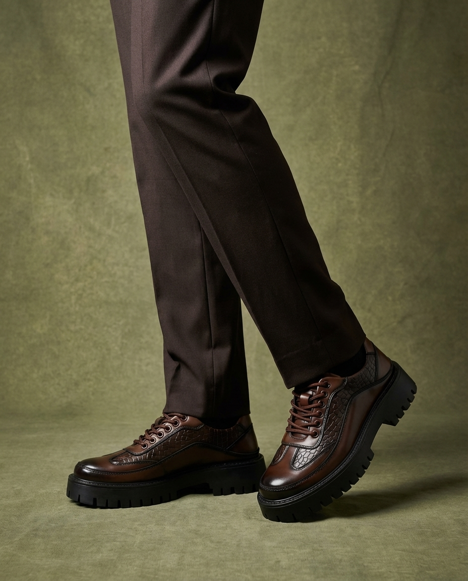 Leather Derby Shoes with Croc-Embossed Texture