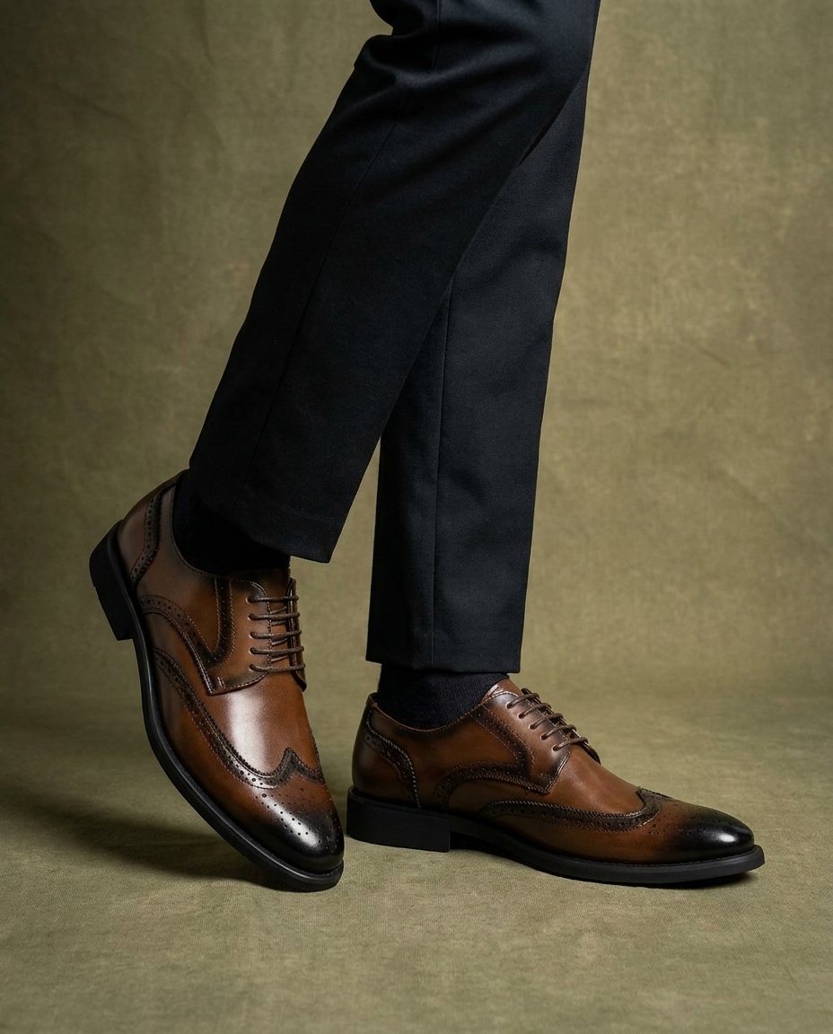 Full-Grain Cowhide Leather Brogue Shoes with Wingtip Brogue Detail
