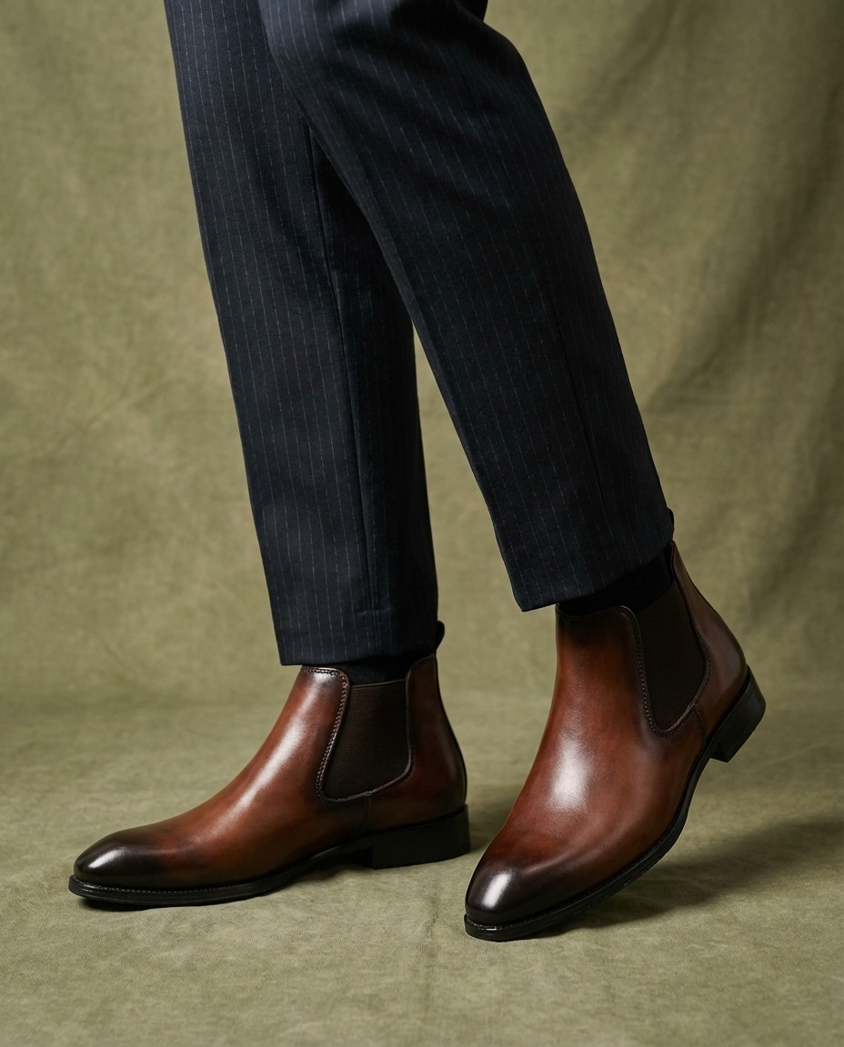 Full-Grain Leather Chelsea Boots with Elastic Side Panels and Patina Finish
