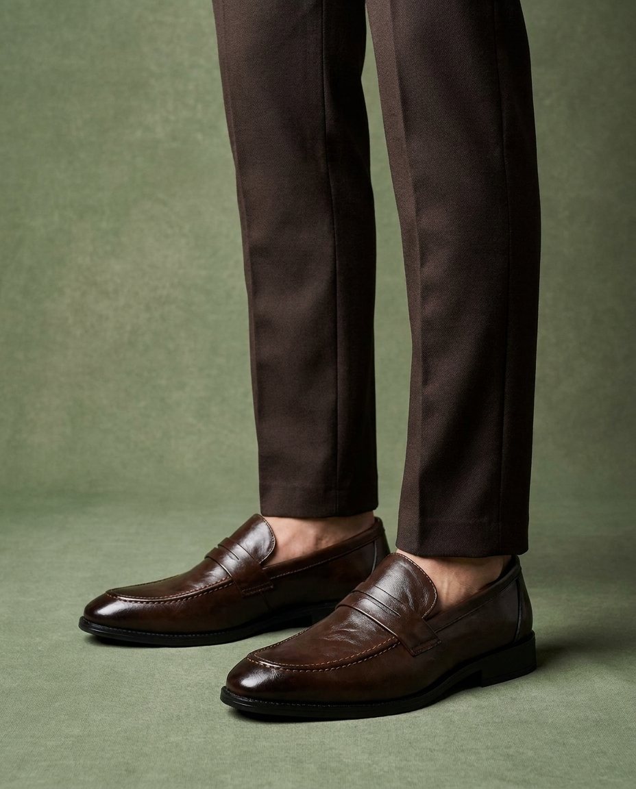 Burnished Leather Loafers with Hand-Stitched Detail