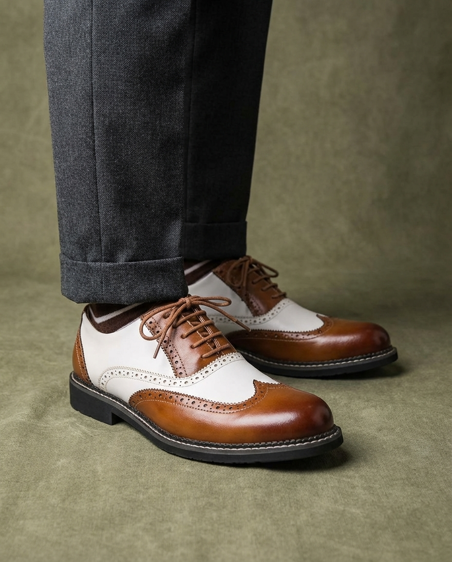 Polished Leather Brogue Shoes with Two-Tone Detail