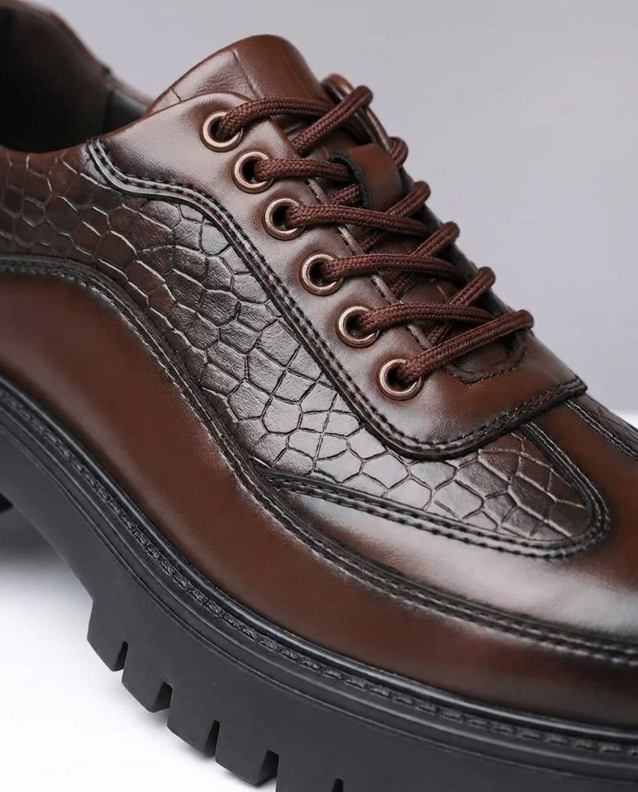 Leather Derby Shoes with Croc-Embossed Texture
