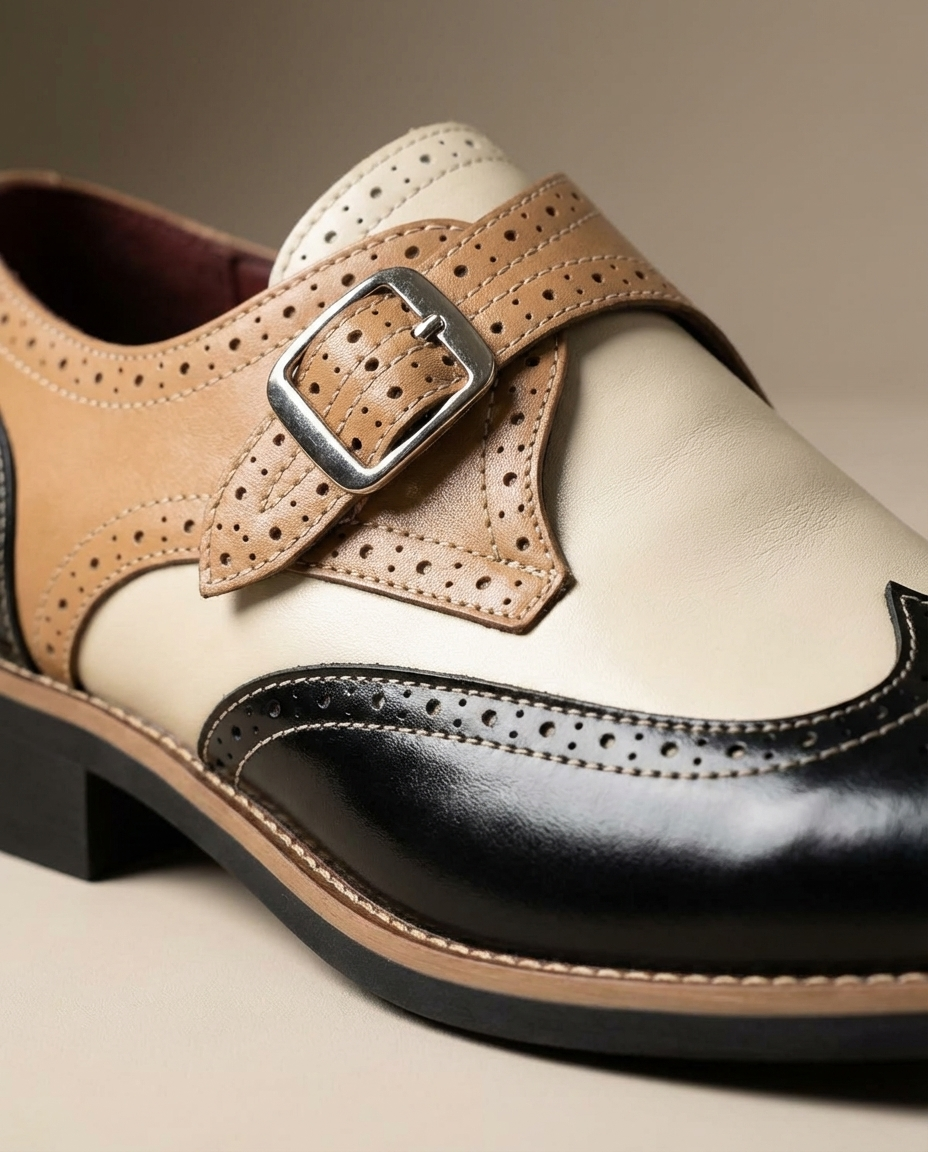 Leather Monk Strap Shoes with Wingtip Brogue Detail