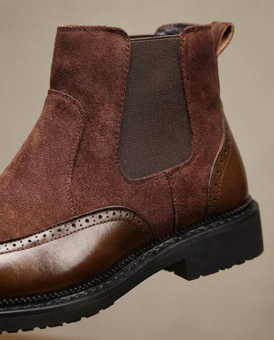 Polished Leather Chelsea Boots with Brogue Detailing