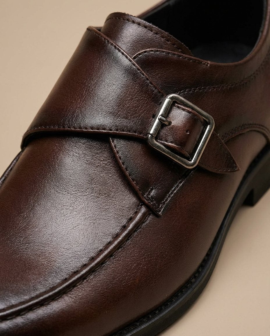 Cowhide Leather Monk Strap Shoes with Almond Toe