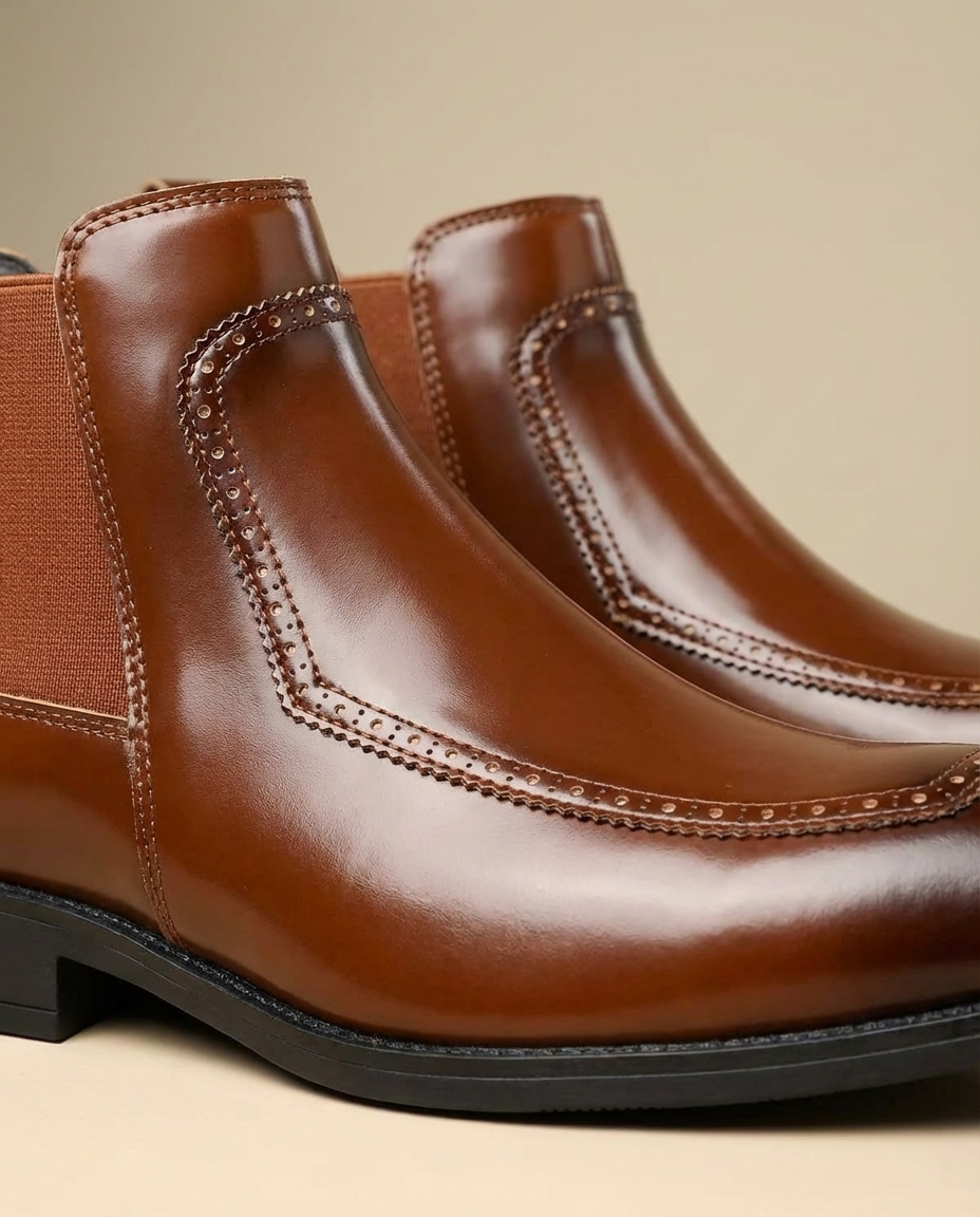 Leather Chelsea Boots with Brogue Detailing and Elastic Side Panels