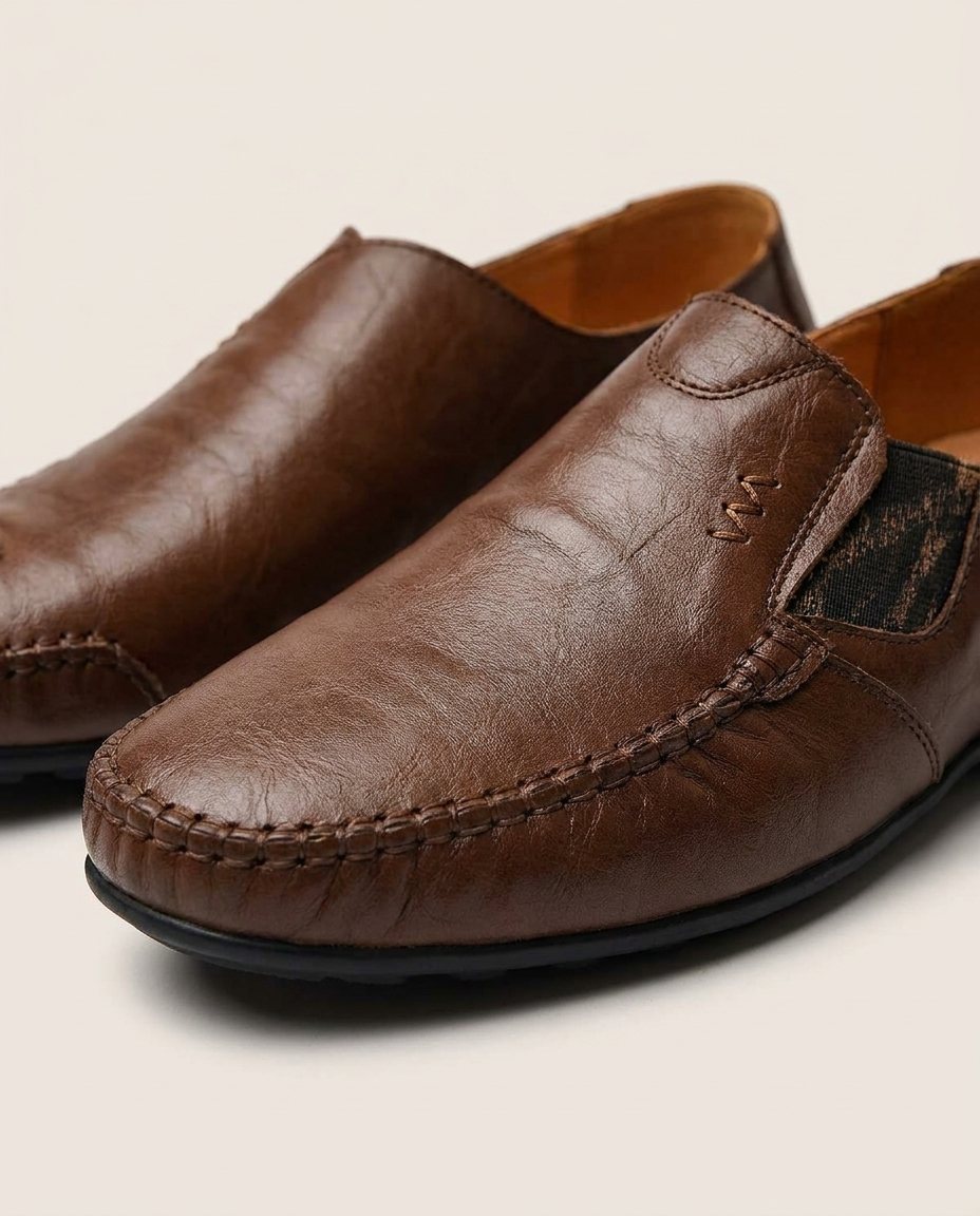 Leather Slip-On Shoes with Broken-In Comfort and Rubber Sole