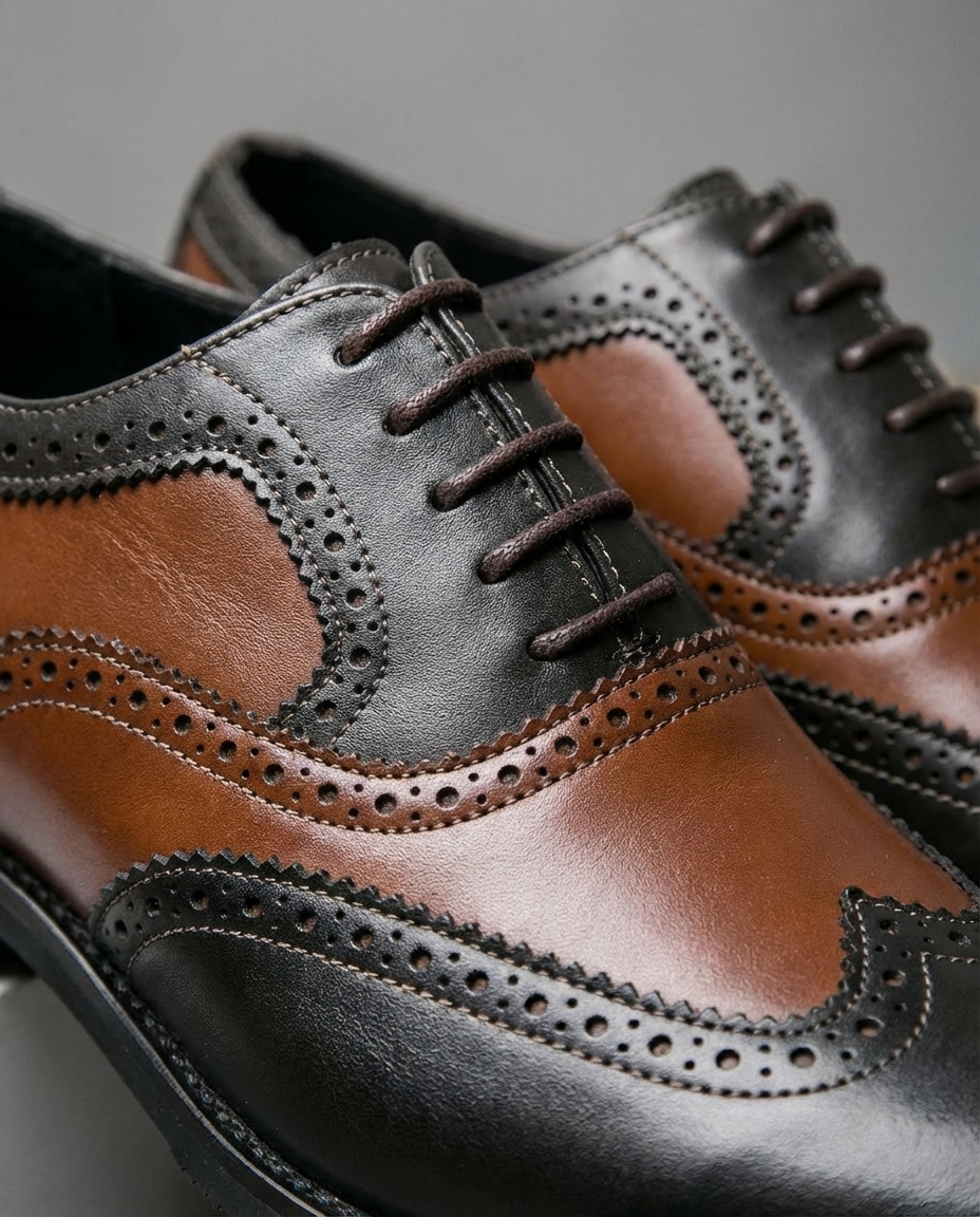 Two-Tone Leather Oxford Shoes with Brogue Detailing