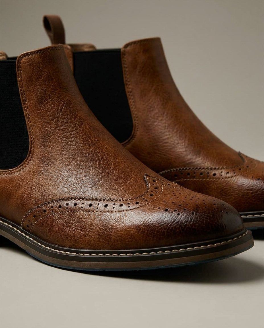 Full-Grain Leather Chelsea Boots with Brogue Detailing