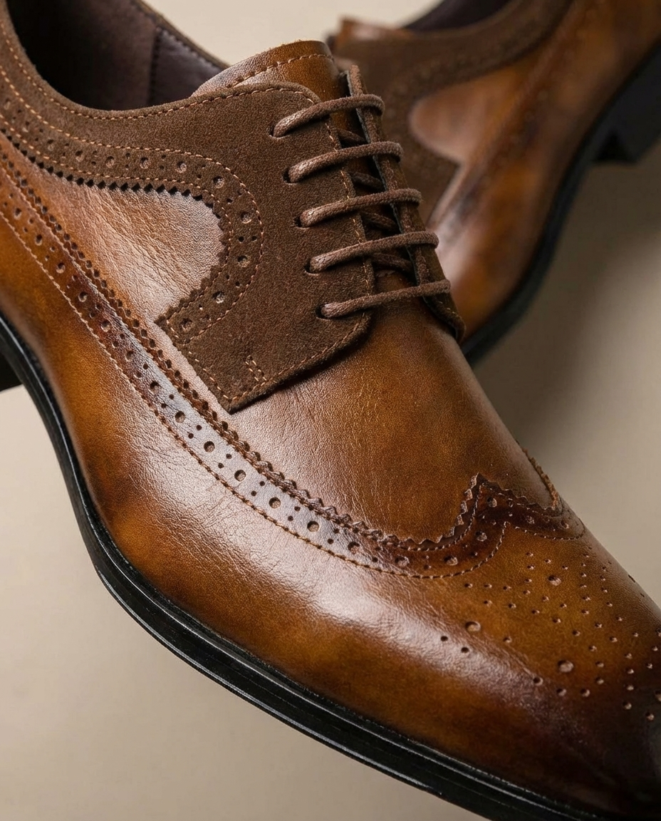 Burnished Leather Brogue Shoes with Wingtip Brogue Detail