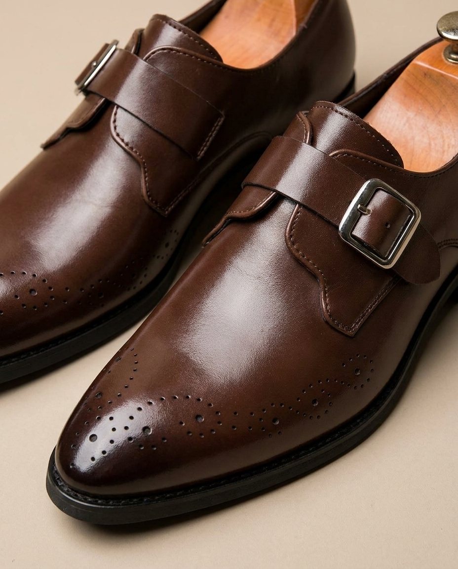 Full-Grain Leather Monk Strap Shoes with Buckle Strap
