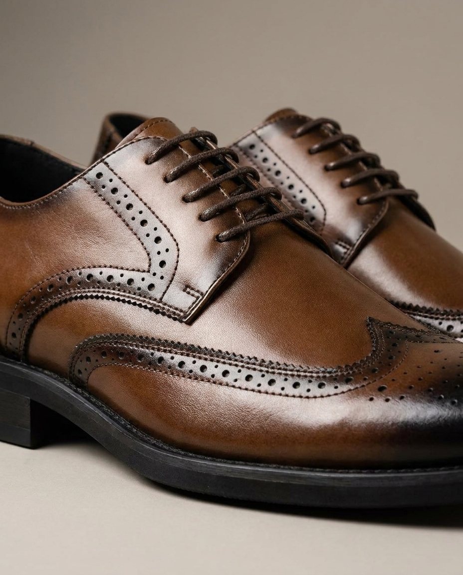Full-Grain Cowhide Leather Brogue Shoes with Wingtip Brogue Detail