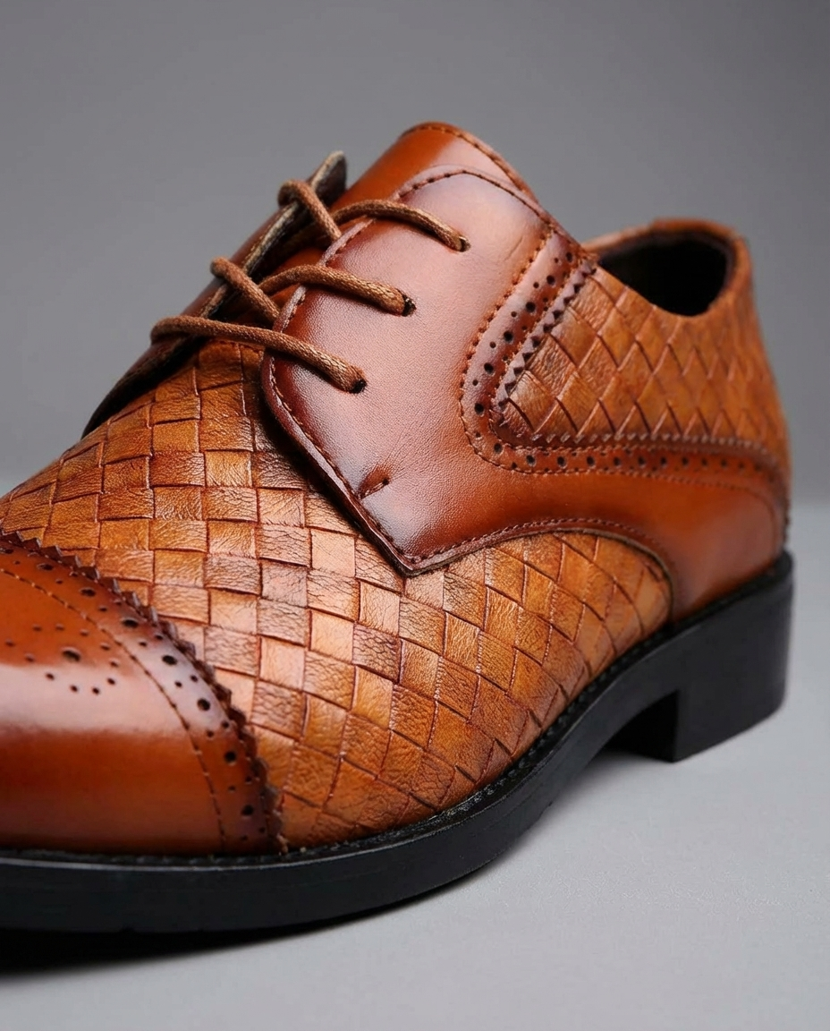 Polished Leather Oxford Shoes with Woven Detail