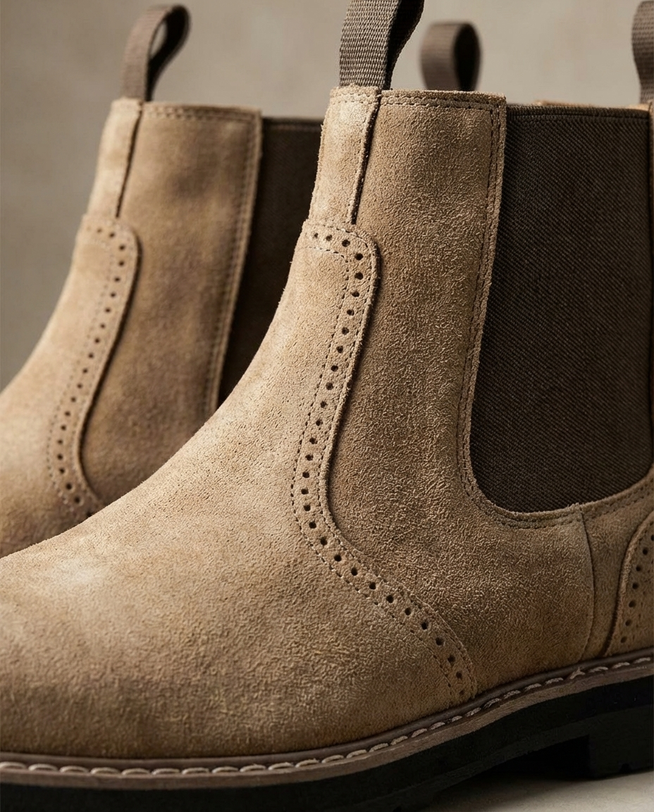 Suede Leather Chelsea Boots with Brogue Detailing
