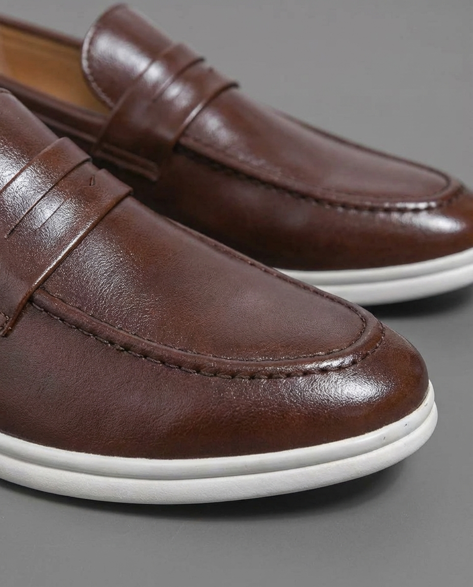Leather Loafers with Moc-Toe Stitching and Contrast Rubber Sole