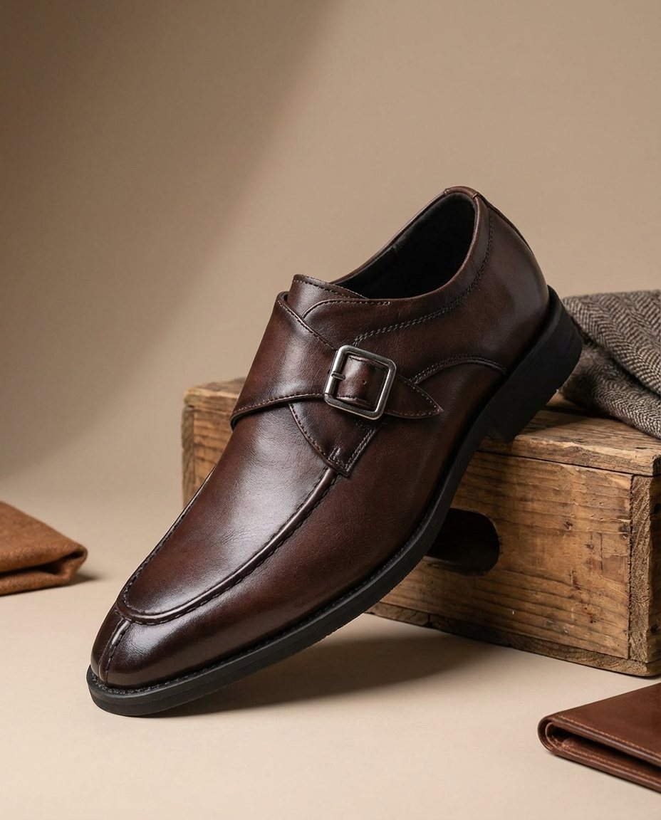 Cowhide Leather Monk Strap Shoes with Almond Toe