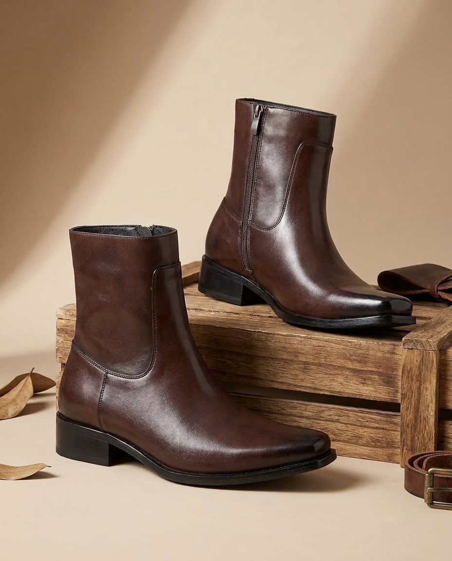 Burnished Full-Grain Leather Boots with Square Toe