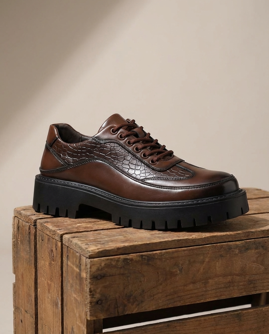Leather Derby Shoes with Croc-Embossed Texture