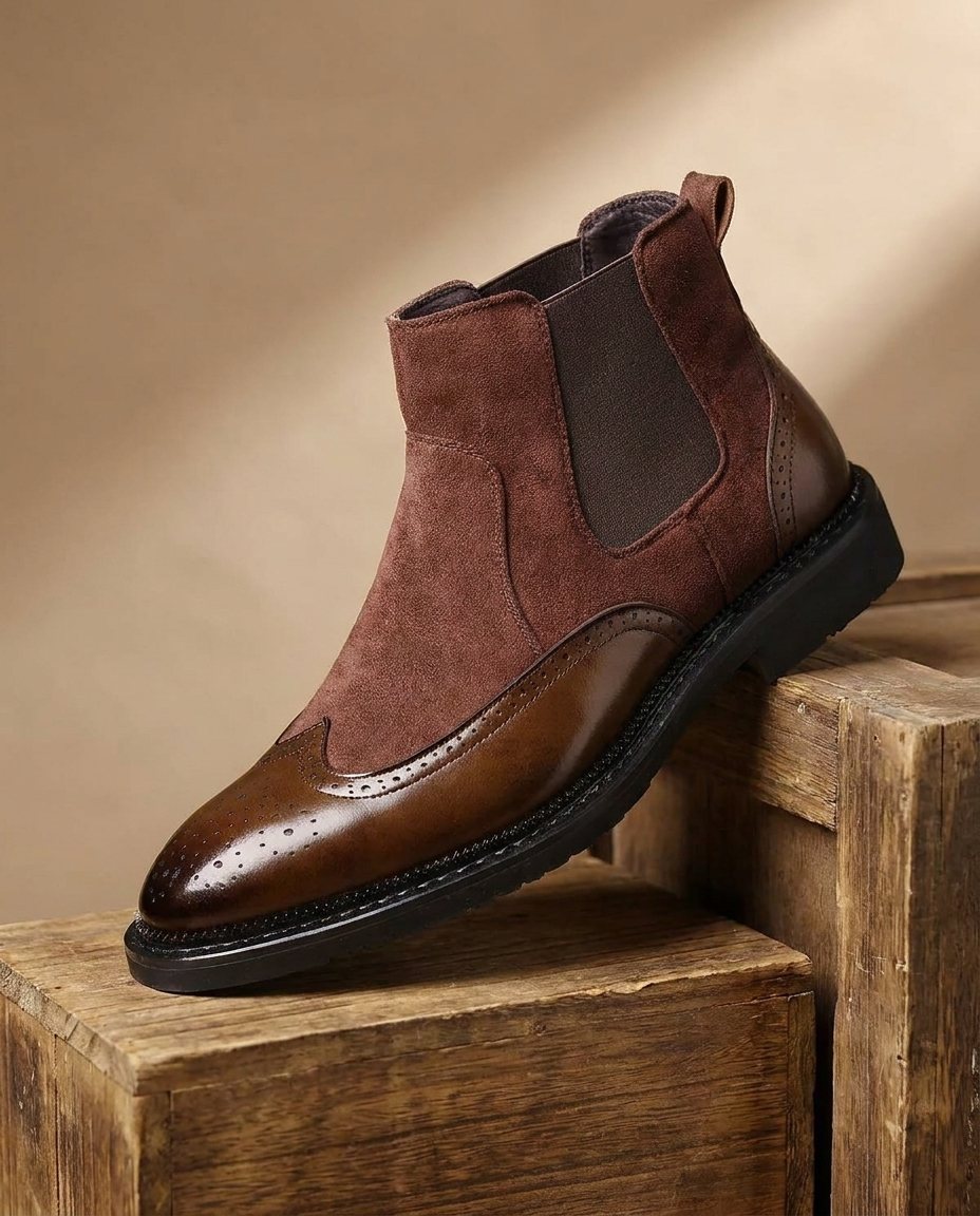 Polished Leather Chelsea Boots with Brogue Detailing