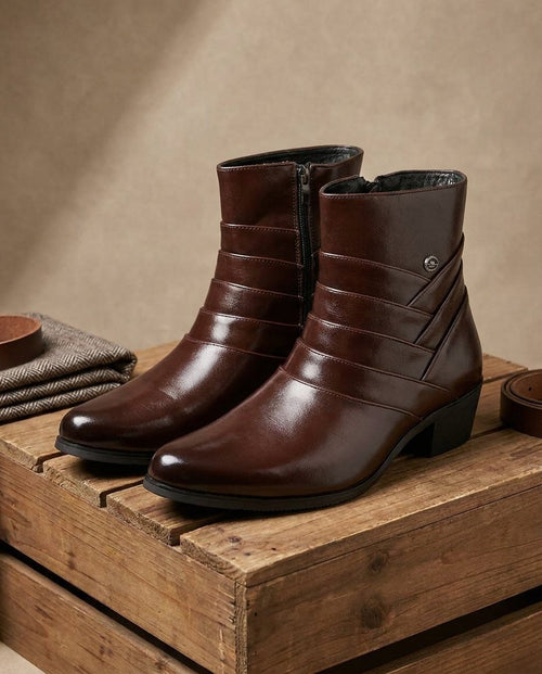 Burnished Leather Ankle Boots with Side Zipper