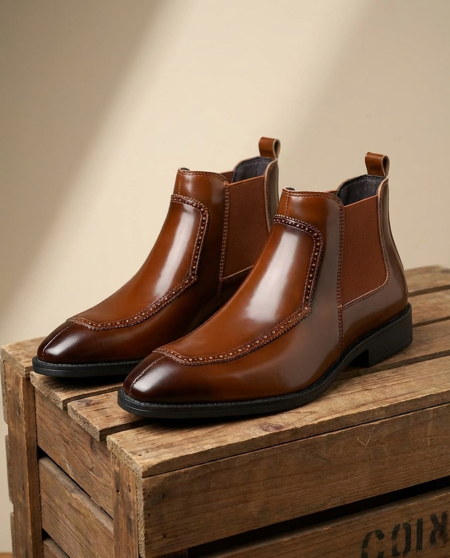Leather Chelsea Boots with Brogue Detailing and Elastic Side Panels