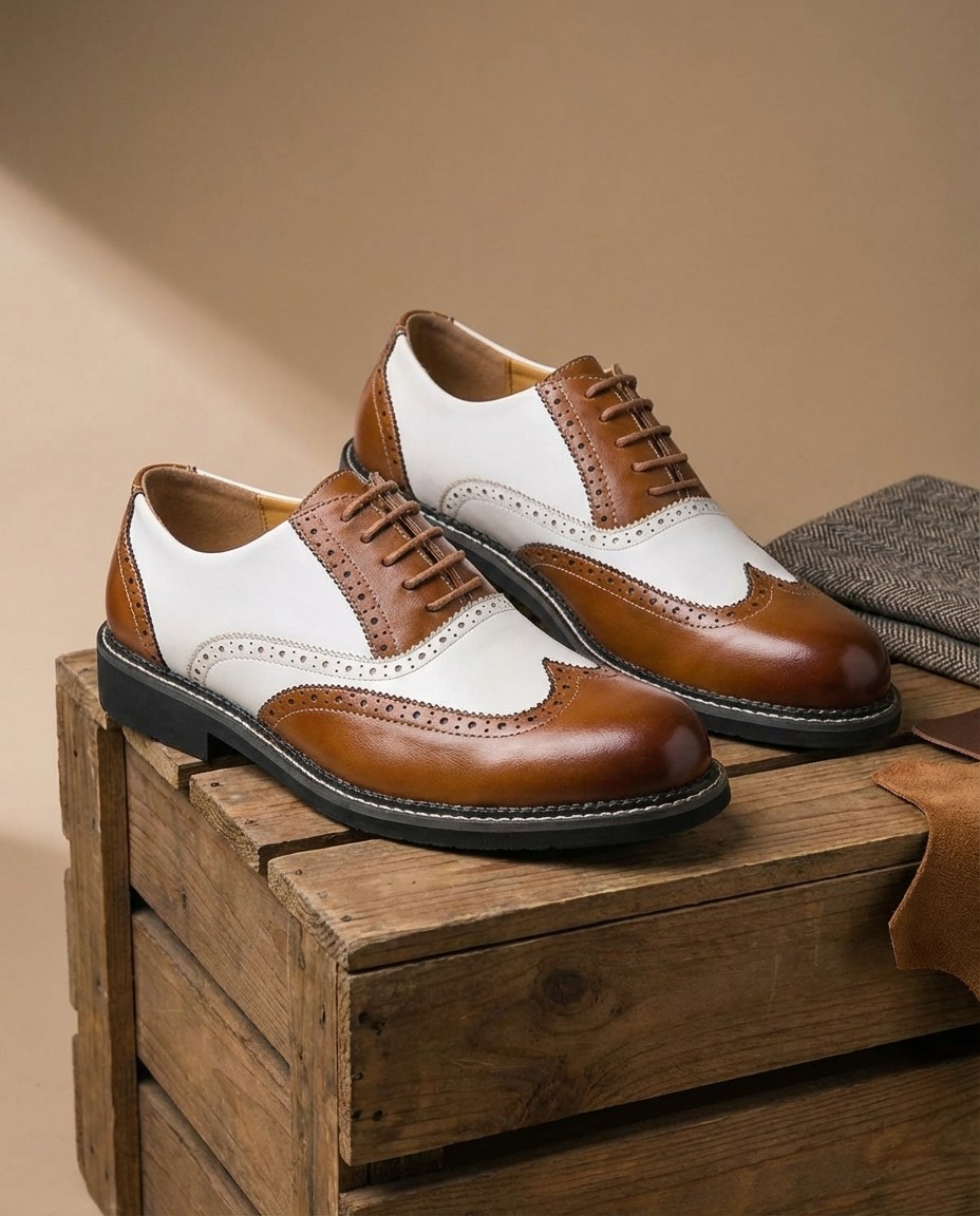 Polished Leather Brogue Shoes with Two-Tone Detail