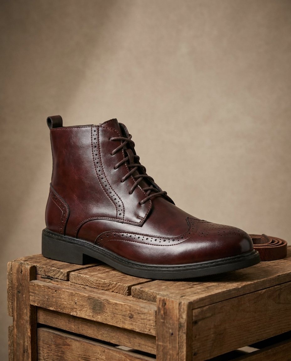 Polished Leather Brogue Boots with Lace-Up Closure