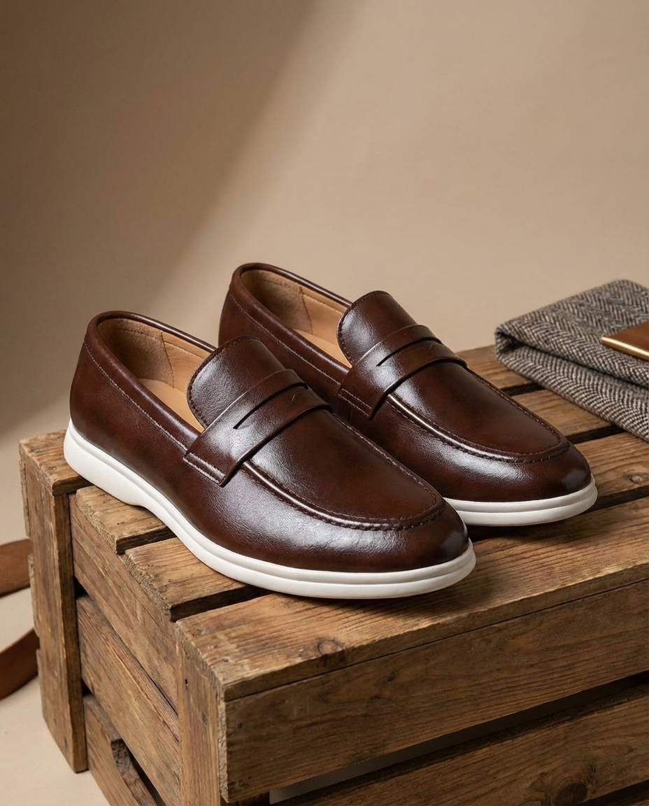 Leather Loafers with Moc-Toe Stitching and Contrast Rubber Sole