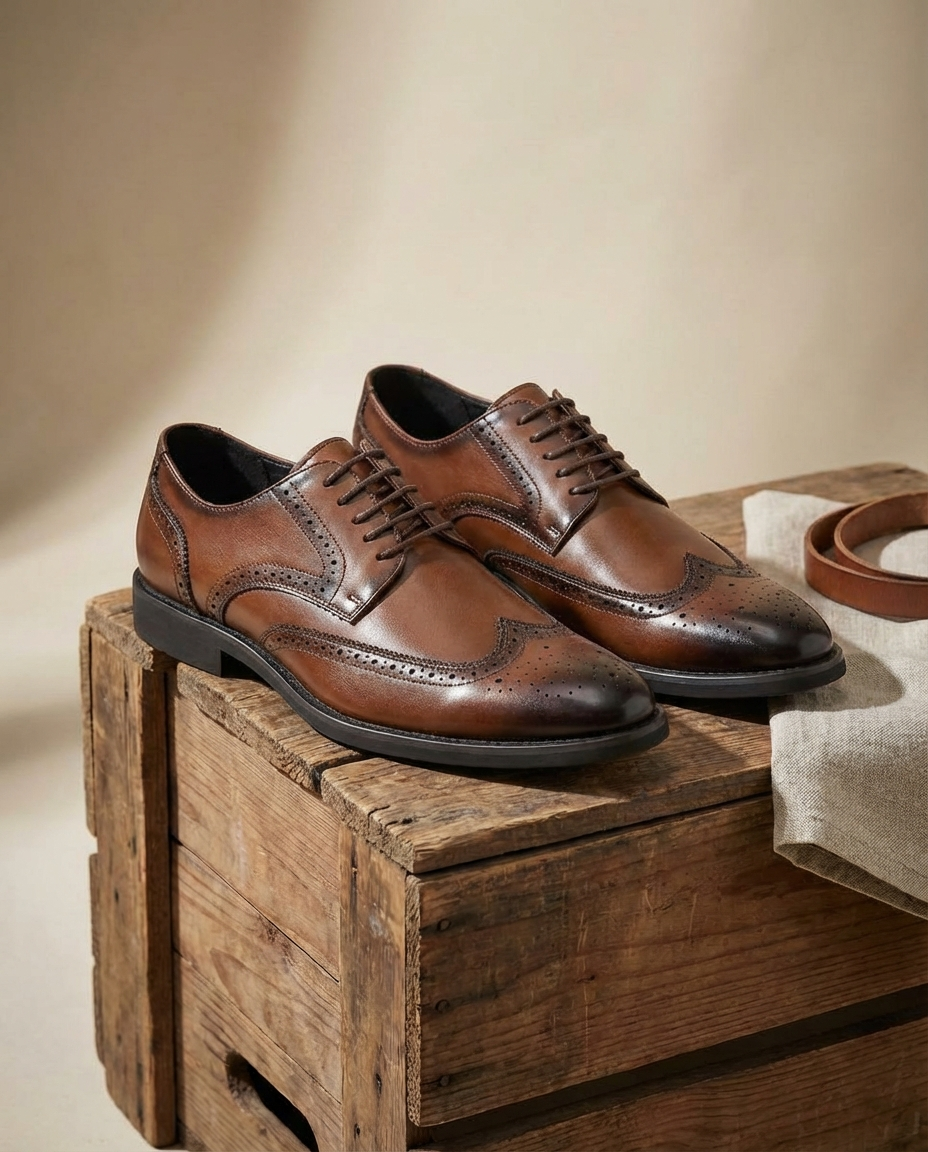 Full-Grain Cowhide Leather Brogue Shoes with Distressed Finish