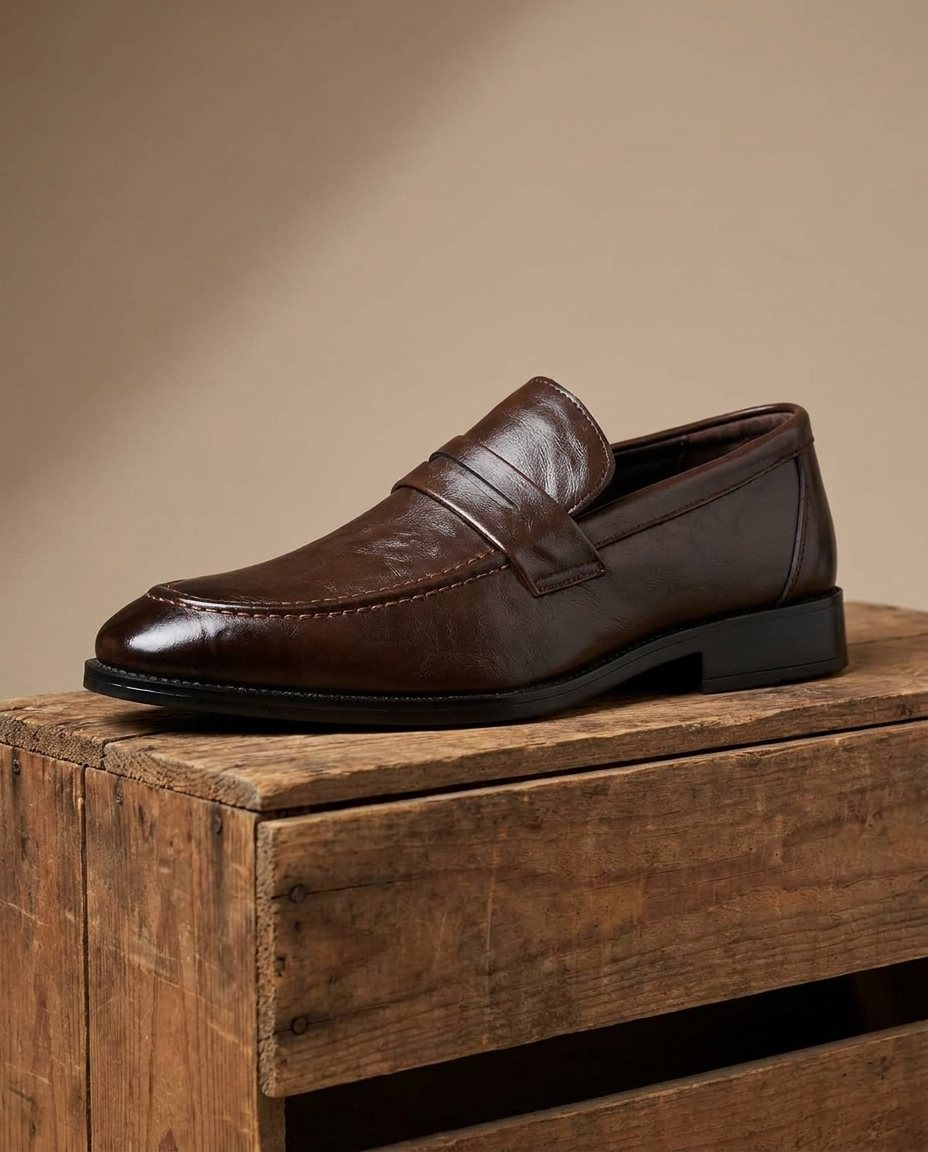 Burnished Leather Loafers with Hand-Stitched Detail