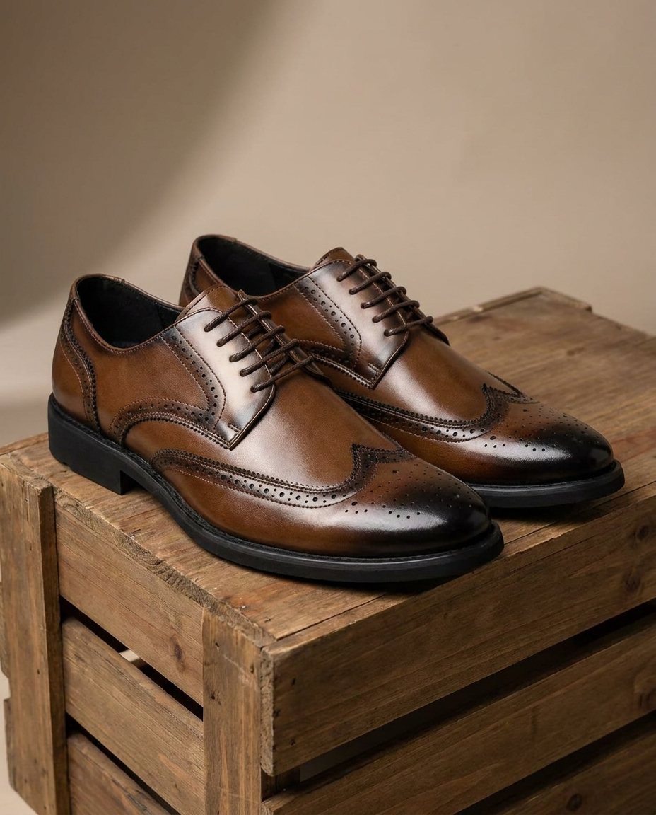 Full-Grain Cowhide Leather Brogue Shoes with Wingtip Brogue Detail