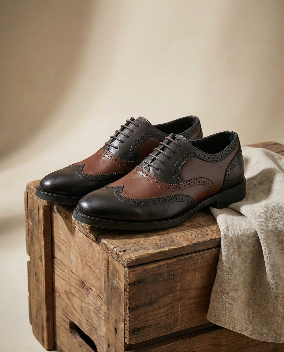 Two-Tone Leather Oxford Shoes with Brogue Detailing