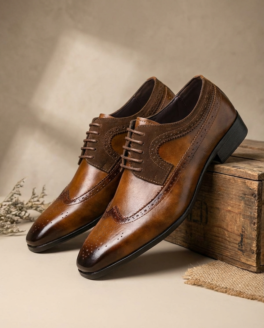 Burnished Leather Brogue Shoes with Wingtip Brogue Detail