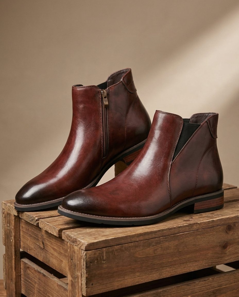 Burnished Leather Chelsea Boots with Almond Toe