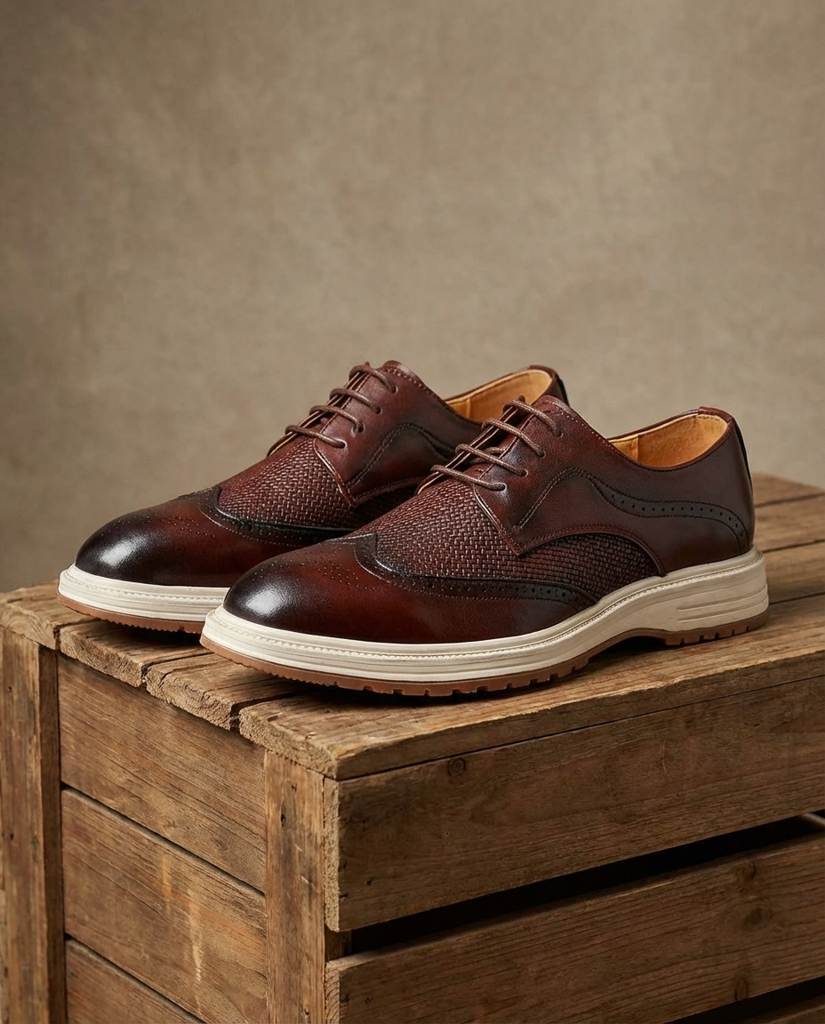 Burnished Leather Derby Shoes with Brogue Detailing