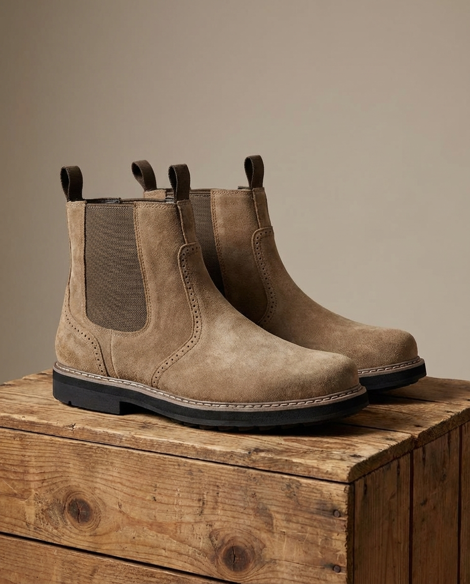 Suede Leather Chelsea Boots with Brogue Detailing