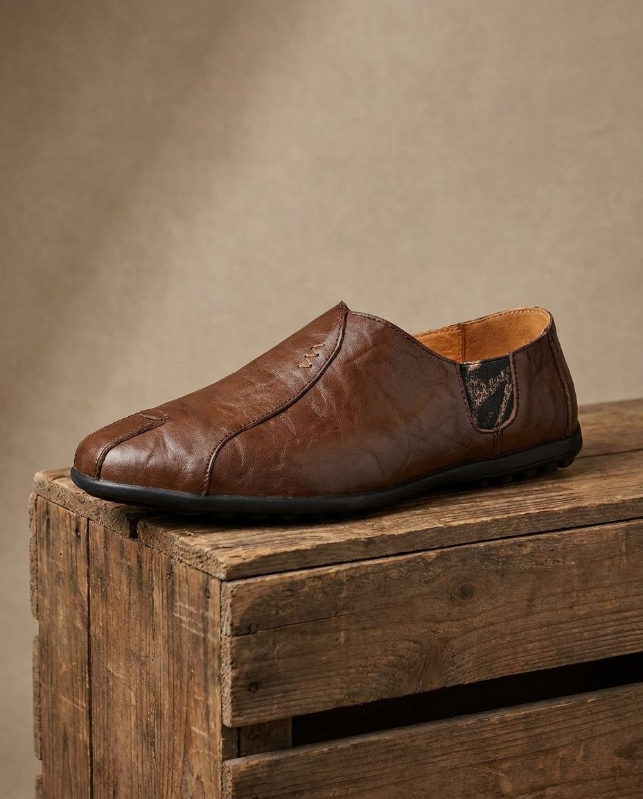 Leather Slip-On Shoes with Broken-In Comfort and Rubber Sole